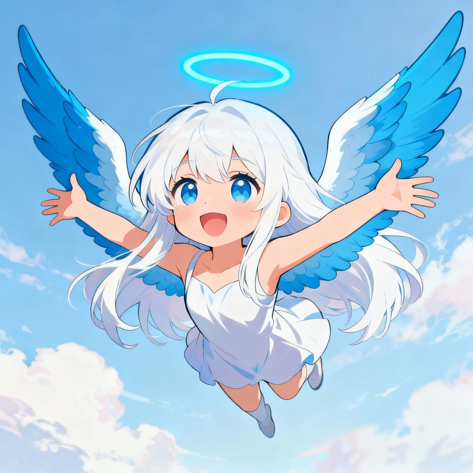 Cute Angel with Blue Wings Soaring Happily