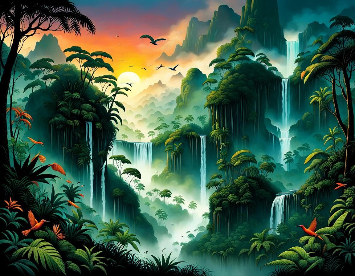 Lush Tropical Rainforest Sunset Scene
