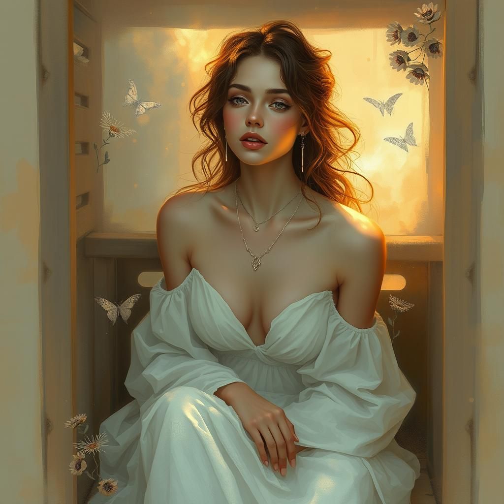 Serene Woman in Dreamy Crate: Digital Painting