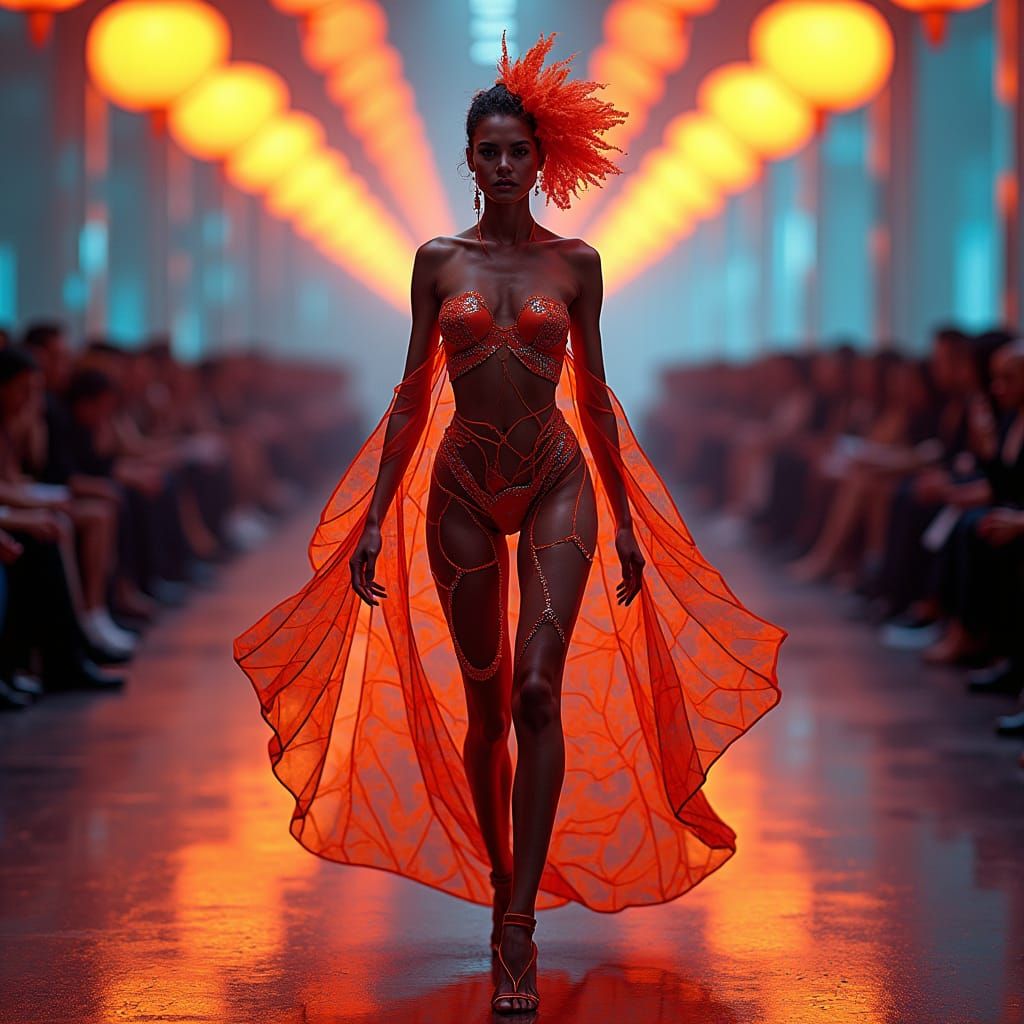 A gorgeous model on the fashion runway perfect face wears an outfit of intricate bulky elaborate black ferrofluid chunky...