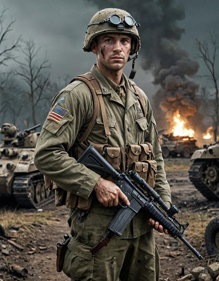 Modern Soldier in WWII Battlefield: Digital Matte Painting