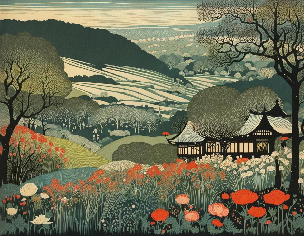 Whimsical Early Spring Scene in Meticulous Linocut Style