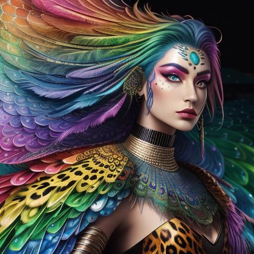 Rainbow Dragon Woman: Holographic Cosmic Illustration