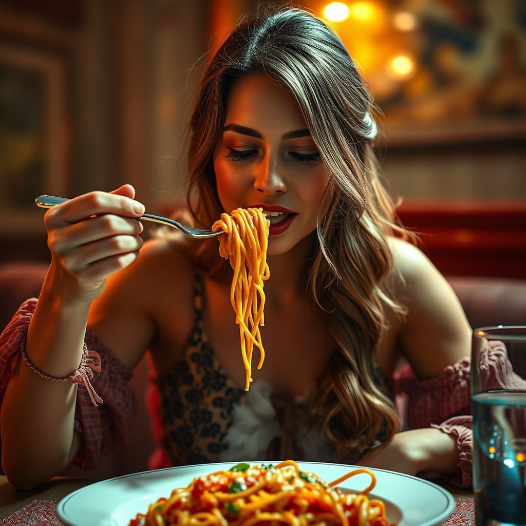 Woman Enjoys Pasta Dinner with Dramatic Lighting
