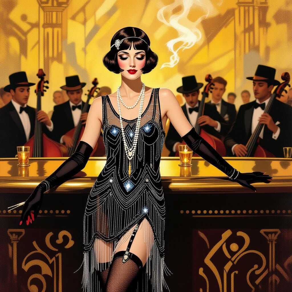 Flapper in Art Deco Style with Jazz Band