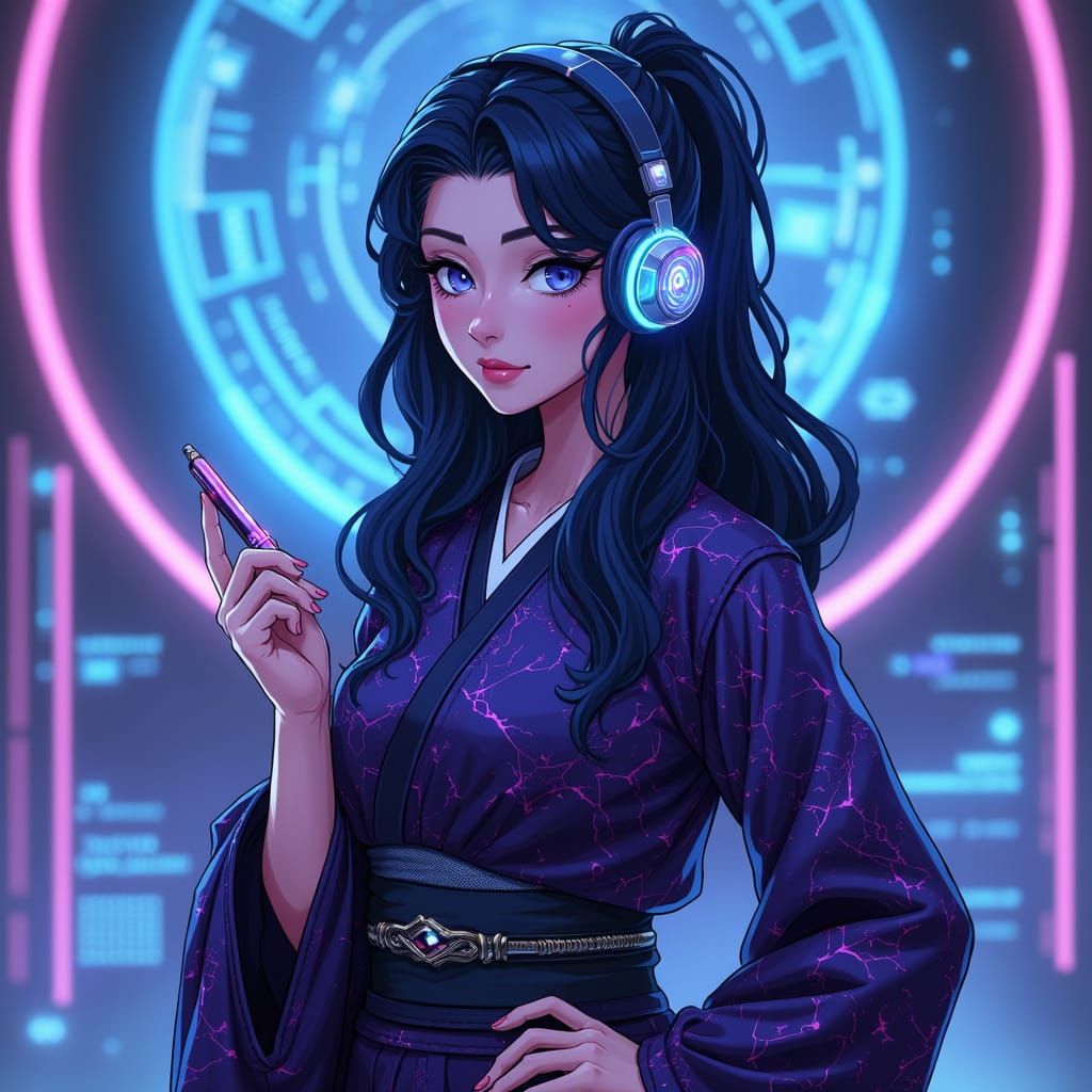 Confident AI Artist in Cyberpunk Kimono with Holographic Int...