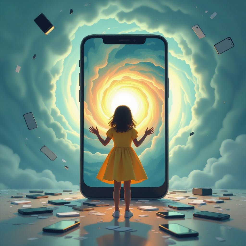 Girl Engulfed by Phone in Surreal Digital Art Style