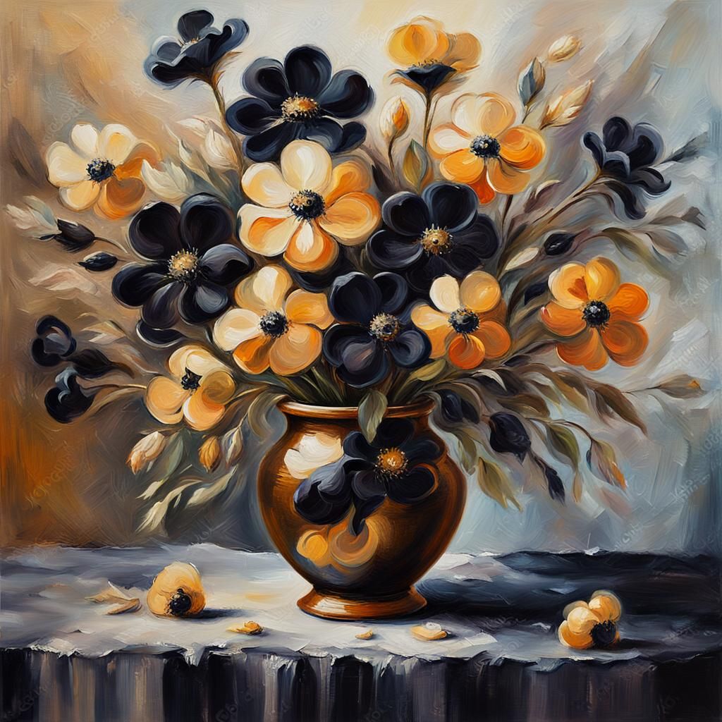 Black Flowers in Impressionist Oil Painting
