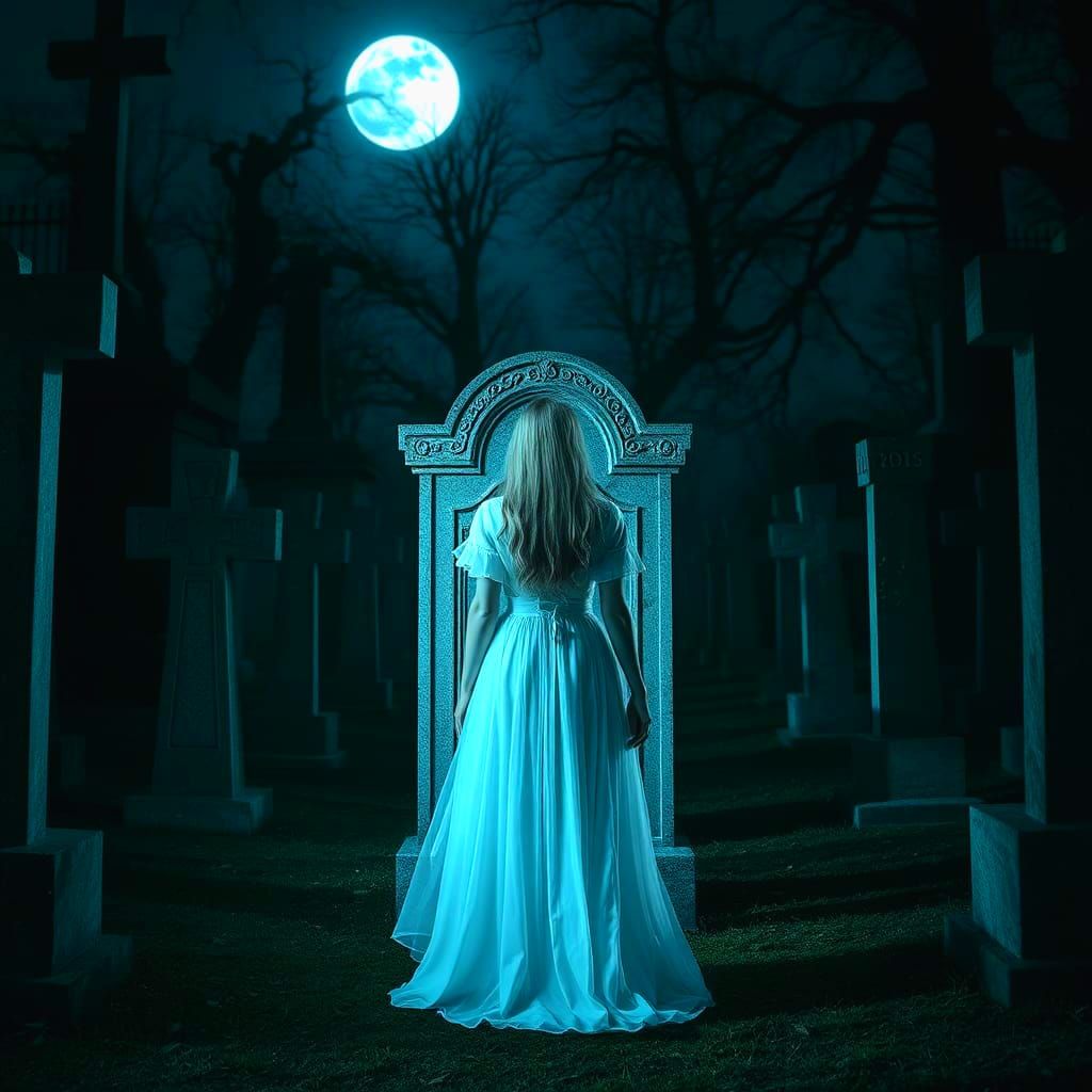 Eerie Moonlit Cemetery with Ethereal Woman