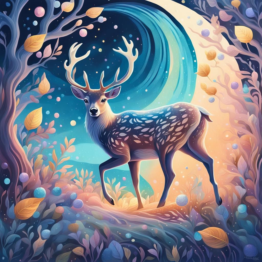 Whimsical Deer Dissolving in Moonlight: Gouache Illustration