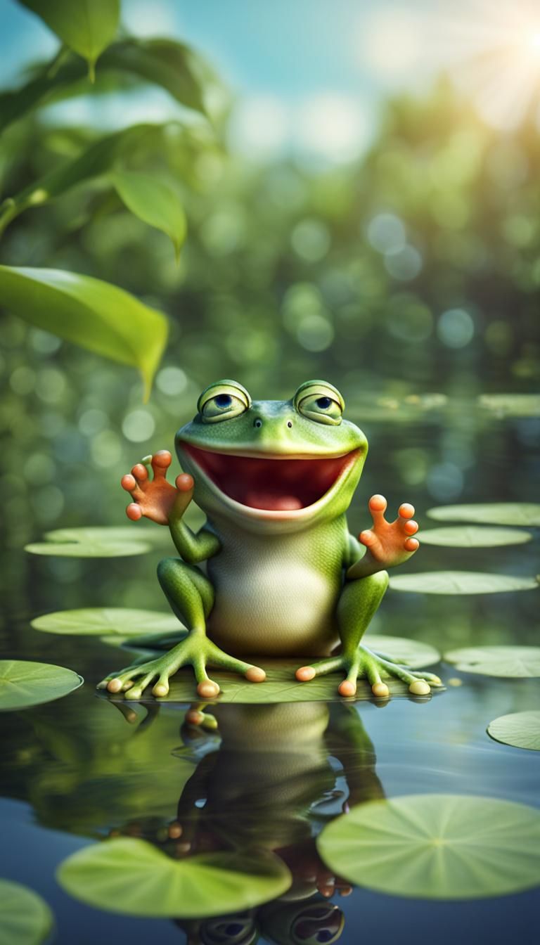 3D surreal image Smiling frog sitting in the palm of hand.The frog is smiling like human hysterical image