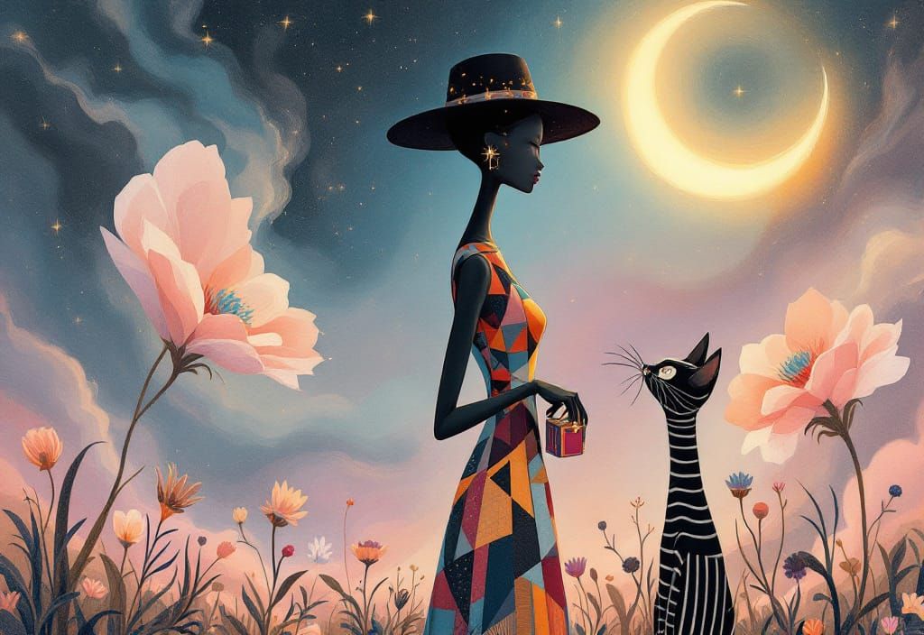 Whimsical Charcoal Art: Woman with Cat in Twilight