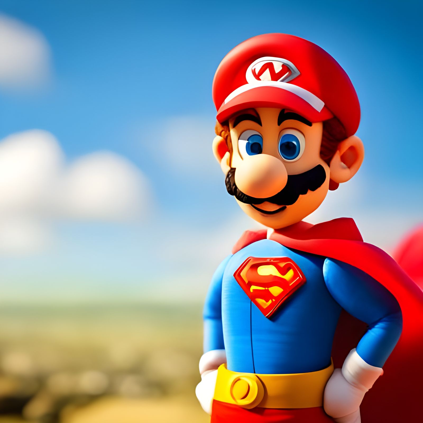 Claymation Mario as Superman on Sunny Day