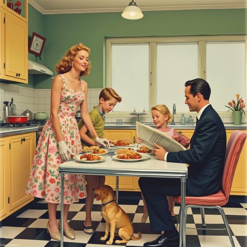 Vintage American Family Gathering in a Warm 1940s Kitchen