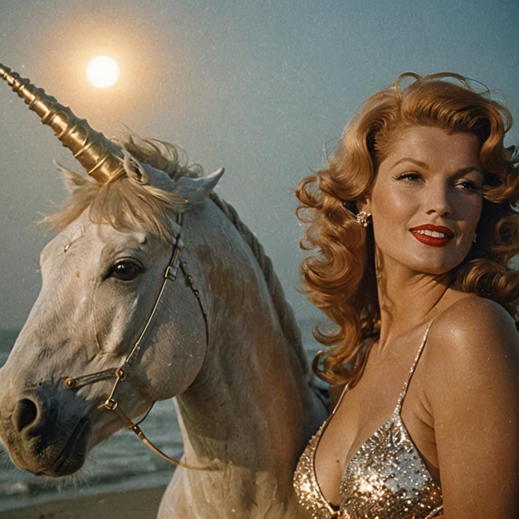 Rita Hayworth Rides a Unicorn in Surrealist Style