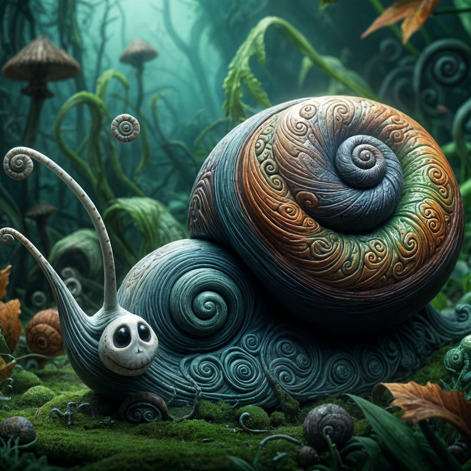 Surreal Snail Crawls Through Misty Garden