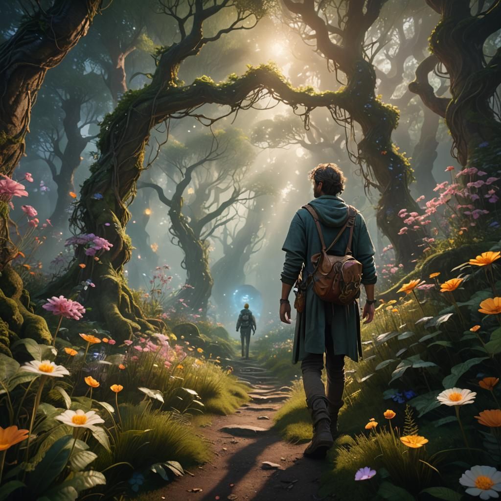 Enchanted Forest Traveler with Light Spirit