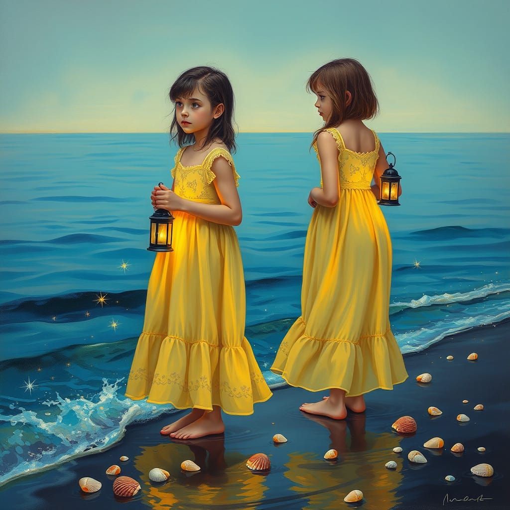 Girls in Flowing Gaze Dresses, Ocean's Edge, Bioluminescent