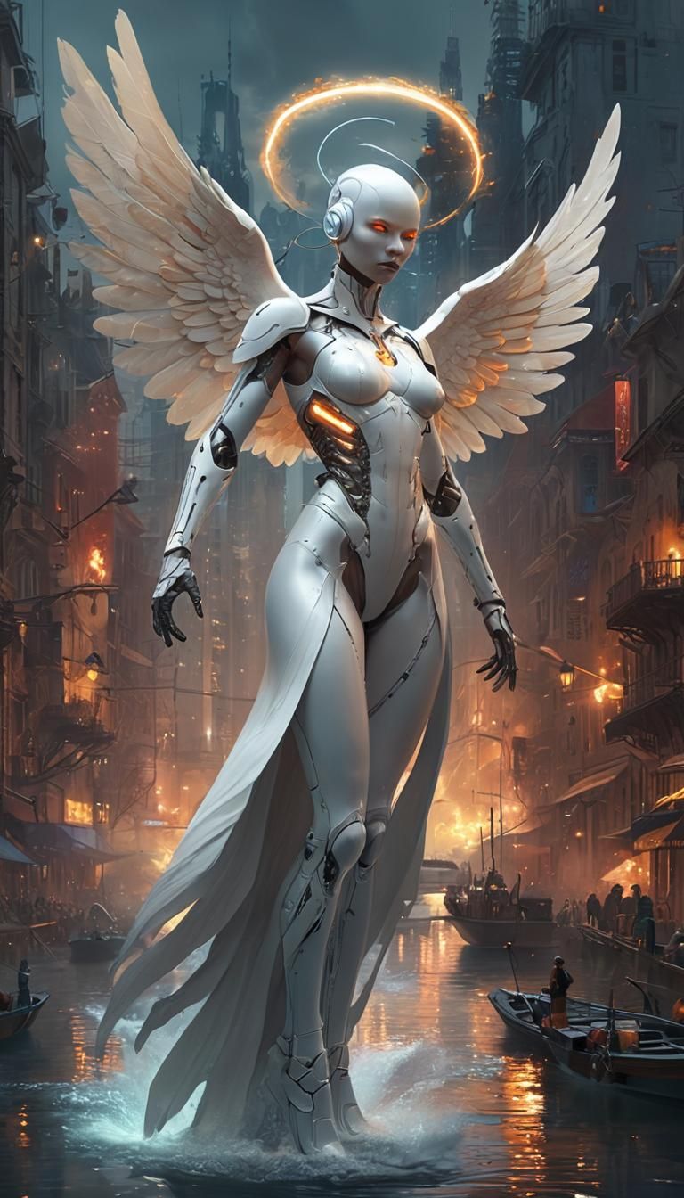 Cyberpunk Angel Ascends Above Cityscape in Vibrant Flame Hue...