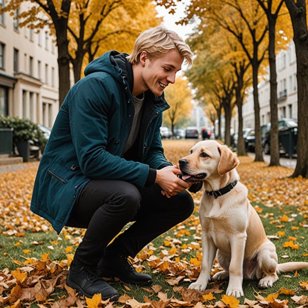 Young Blond Man and His Loyal Mixed-Breed Lab Puppy Play Tog...