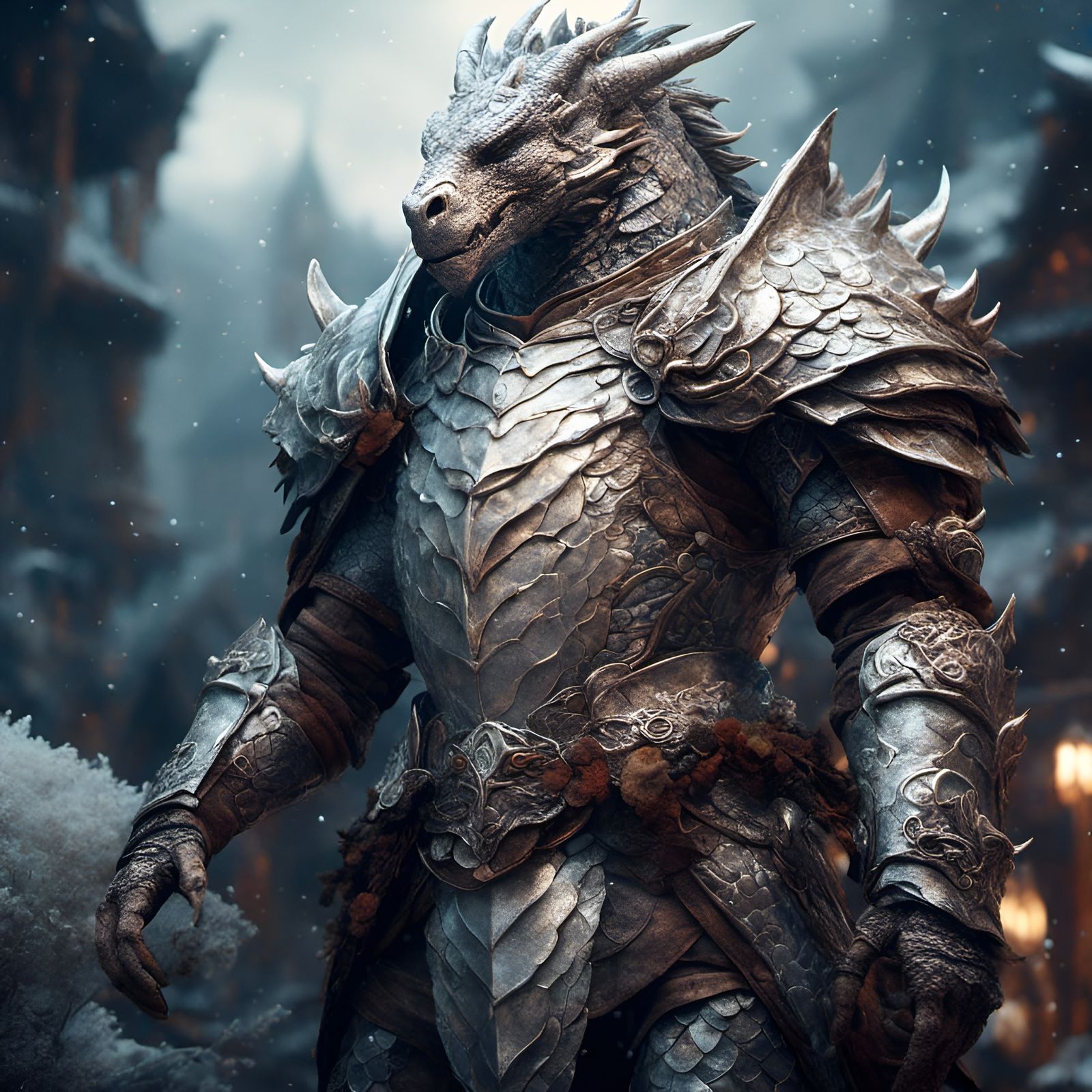 Detailed Silver Dragonborn Cleric in Fur Clothing