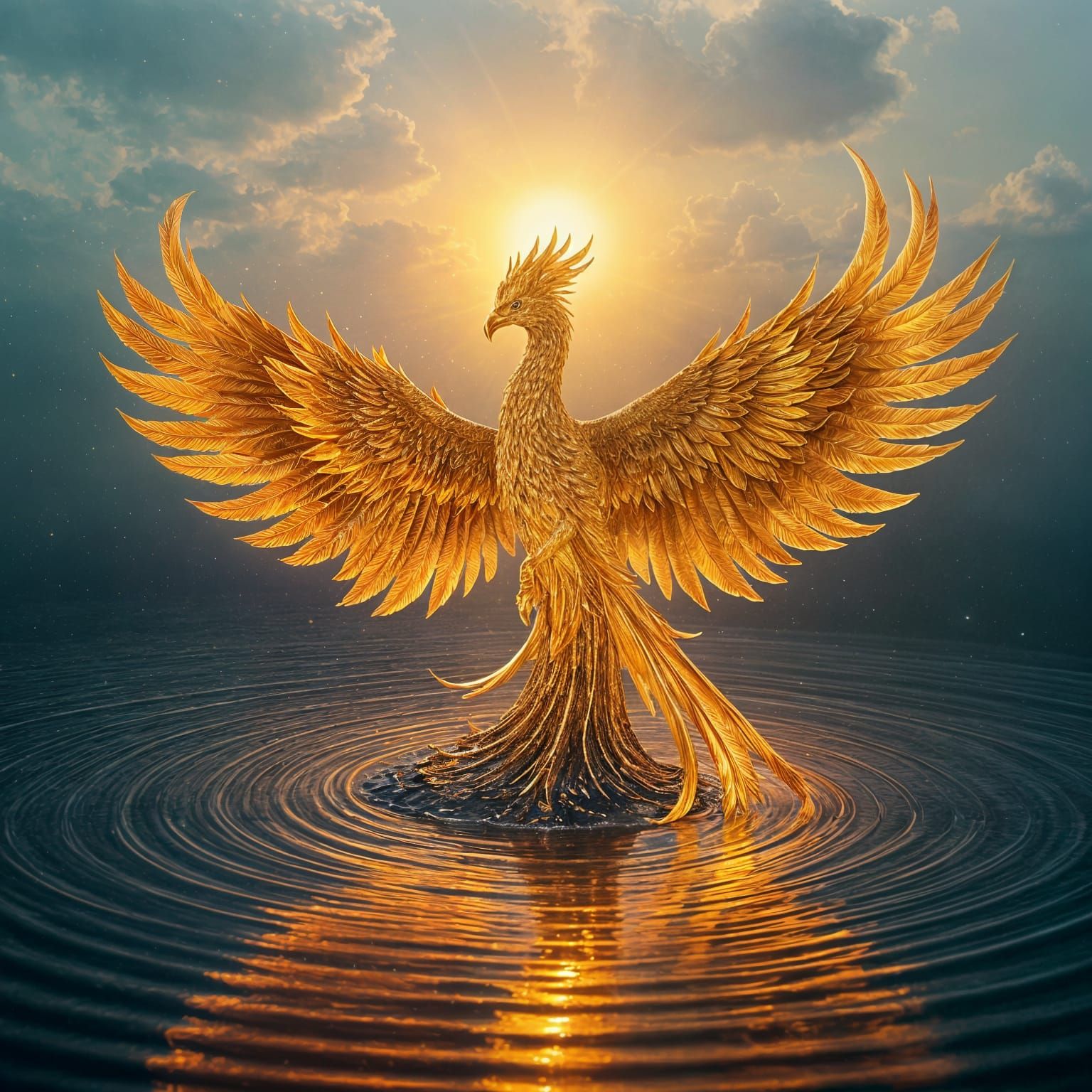 Golden Phoenix Rising: Crystalline Feathers in Surreal Dawn