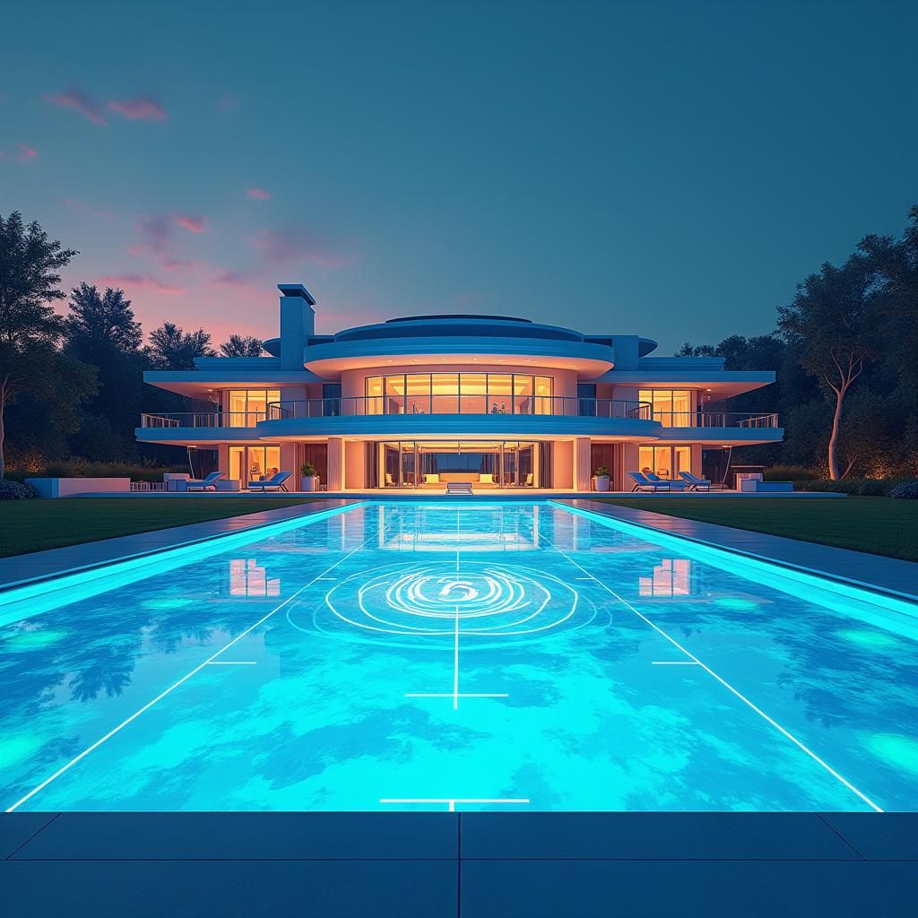 Futuristic Mansion Overlooking Holographic Football Field