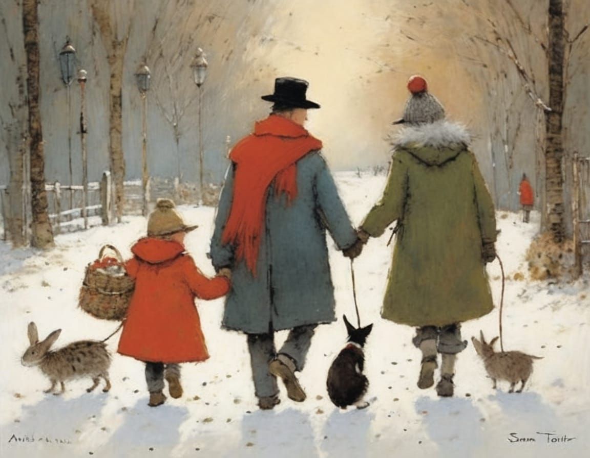 Charming Family Scene in Whimsical Watercolor Style