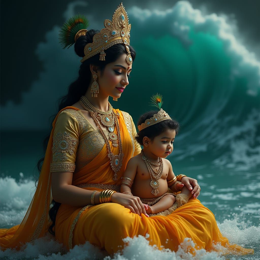 Indian Princess Protects Baby Krishna From Giant Wave