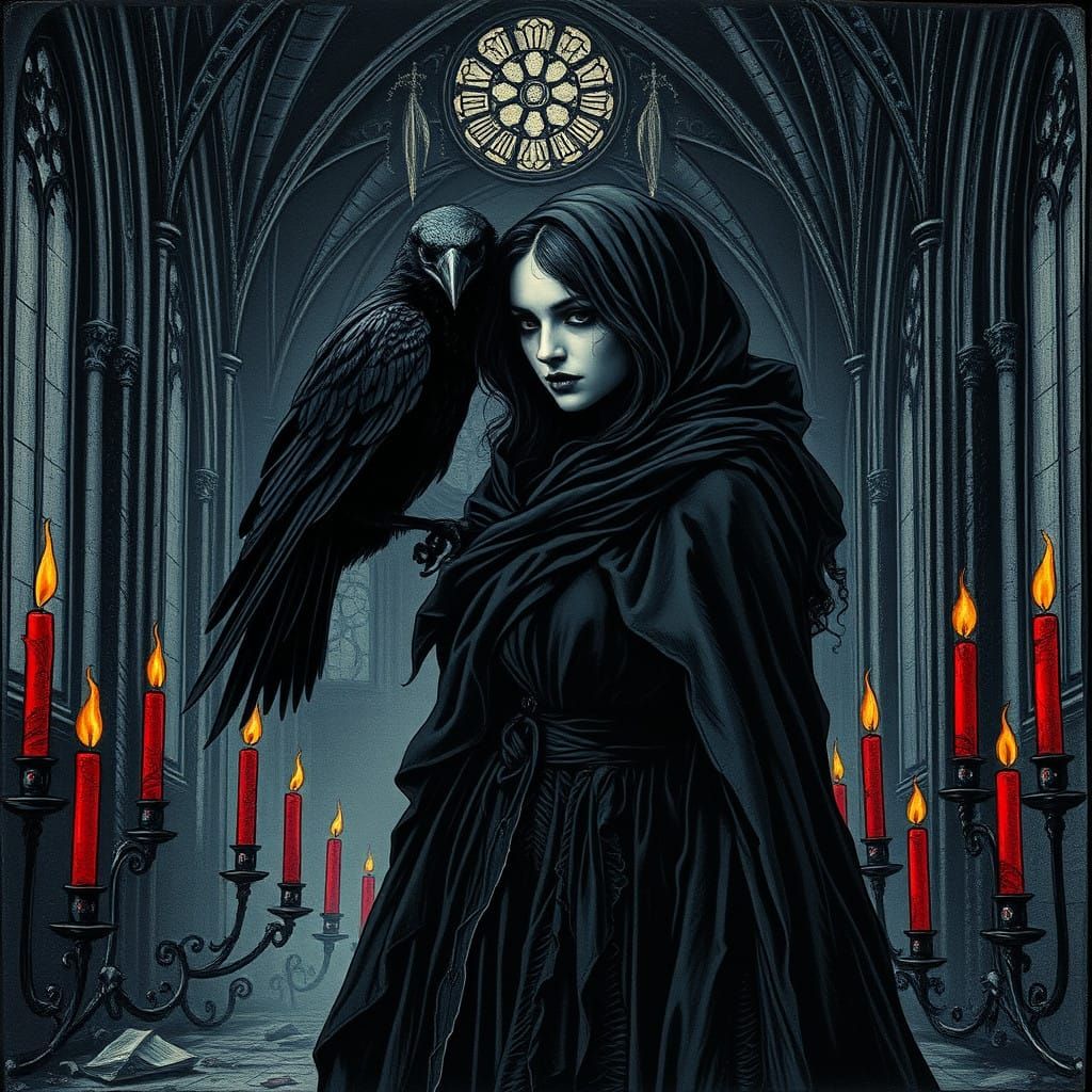 Gothic Woman Enshrouded in Shadows, Beside a Raven
