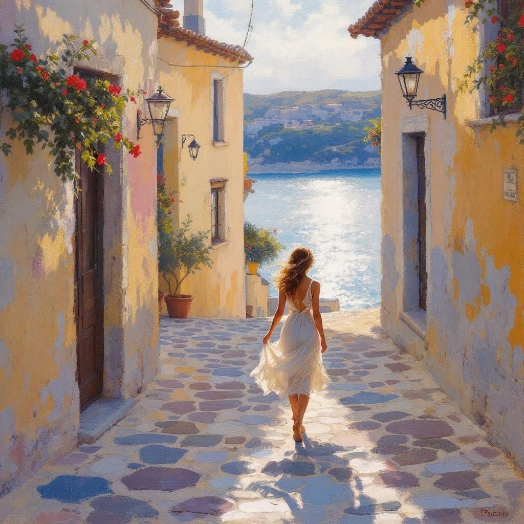 Woman in Sunlit Street: Impressionistic Style Painting
