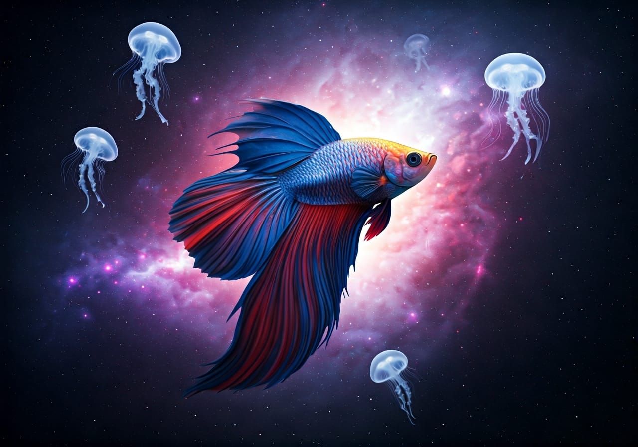 Beta Fish Mermaid in Galactic Scene, Photorealistic Style
