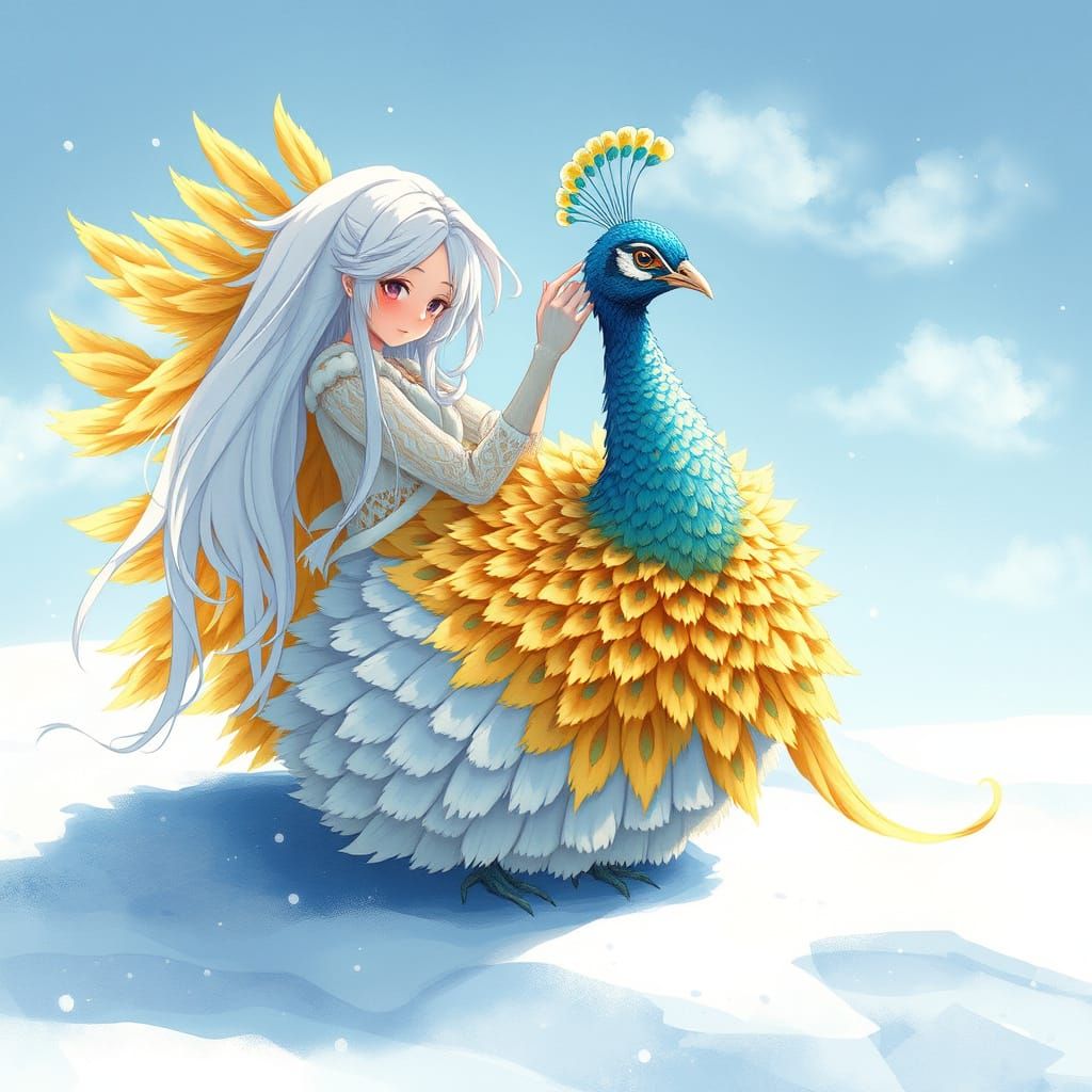 Anime Peacock in Winter Wonderland with Gentle Girl