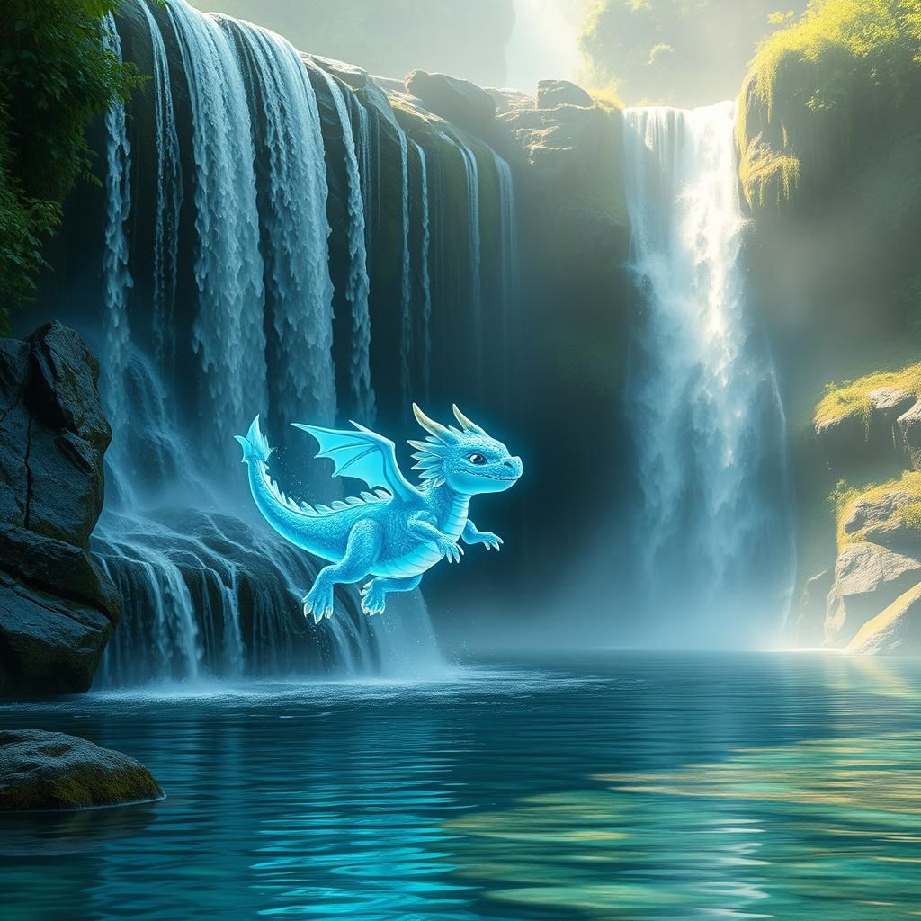 Glistening Water Dragon Leaping from Waterfall