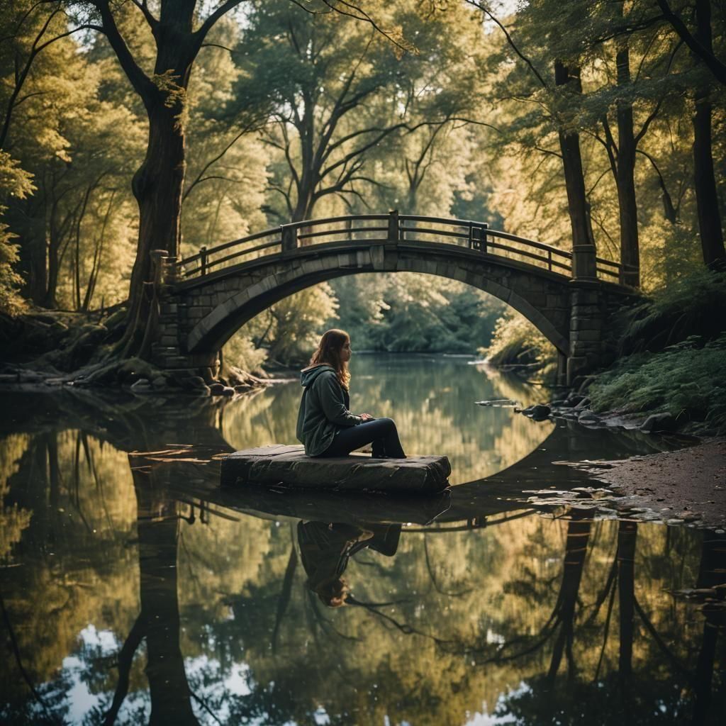 Girl on Arched Bridge with Reflections