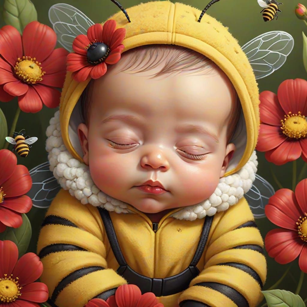 Realistic Bee Baby in Vibrant Floral Wonderland