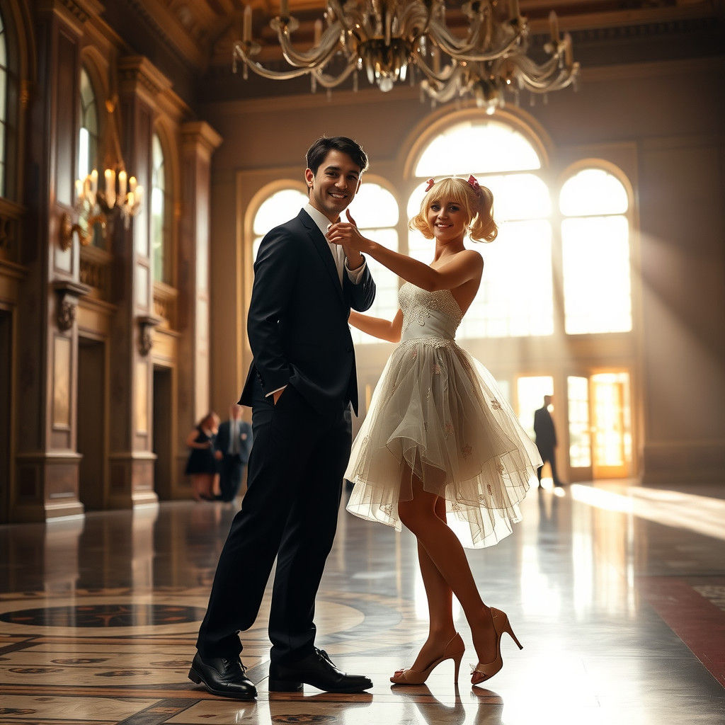 Elegant Dance: Two Young Men in a Grand Hall