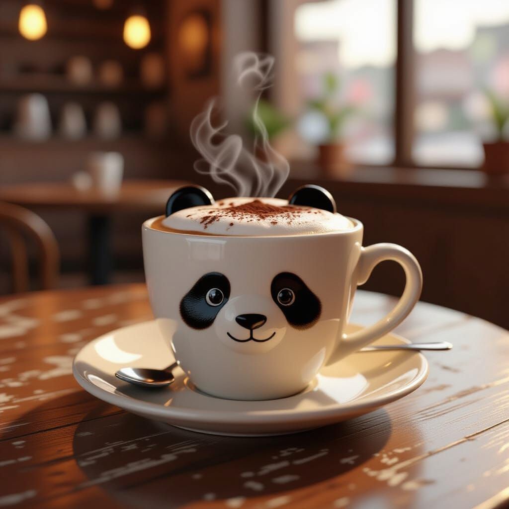 Panda Coffee Cup With Milk Foam Art in Cozy Cafe