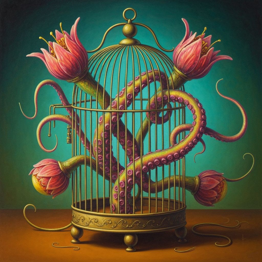Surreal Birdcage with Psychedelic Tentacle Flowers in Dali S...