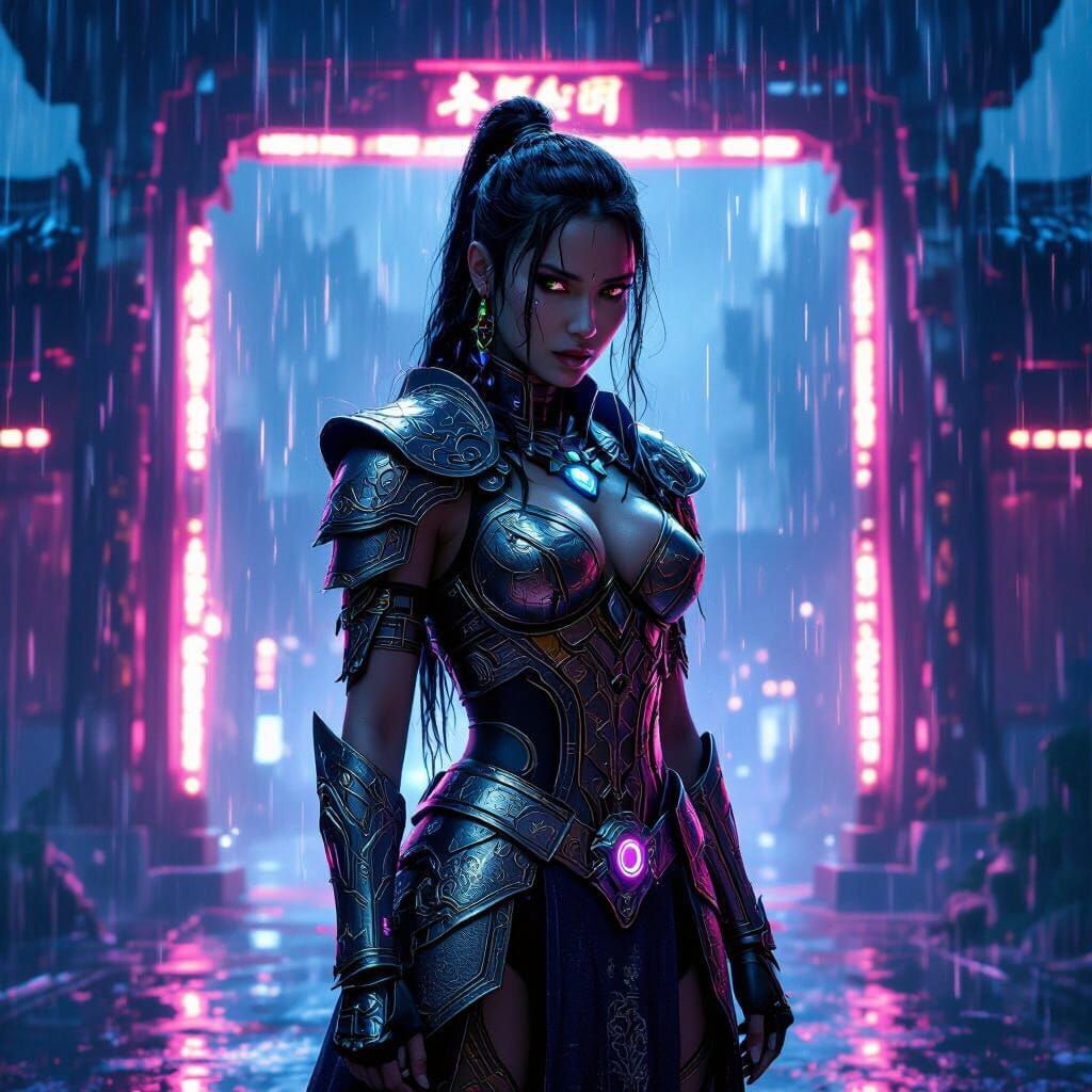 Cybernetic Warrior Princess at Neon Temple Gate