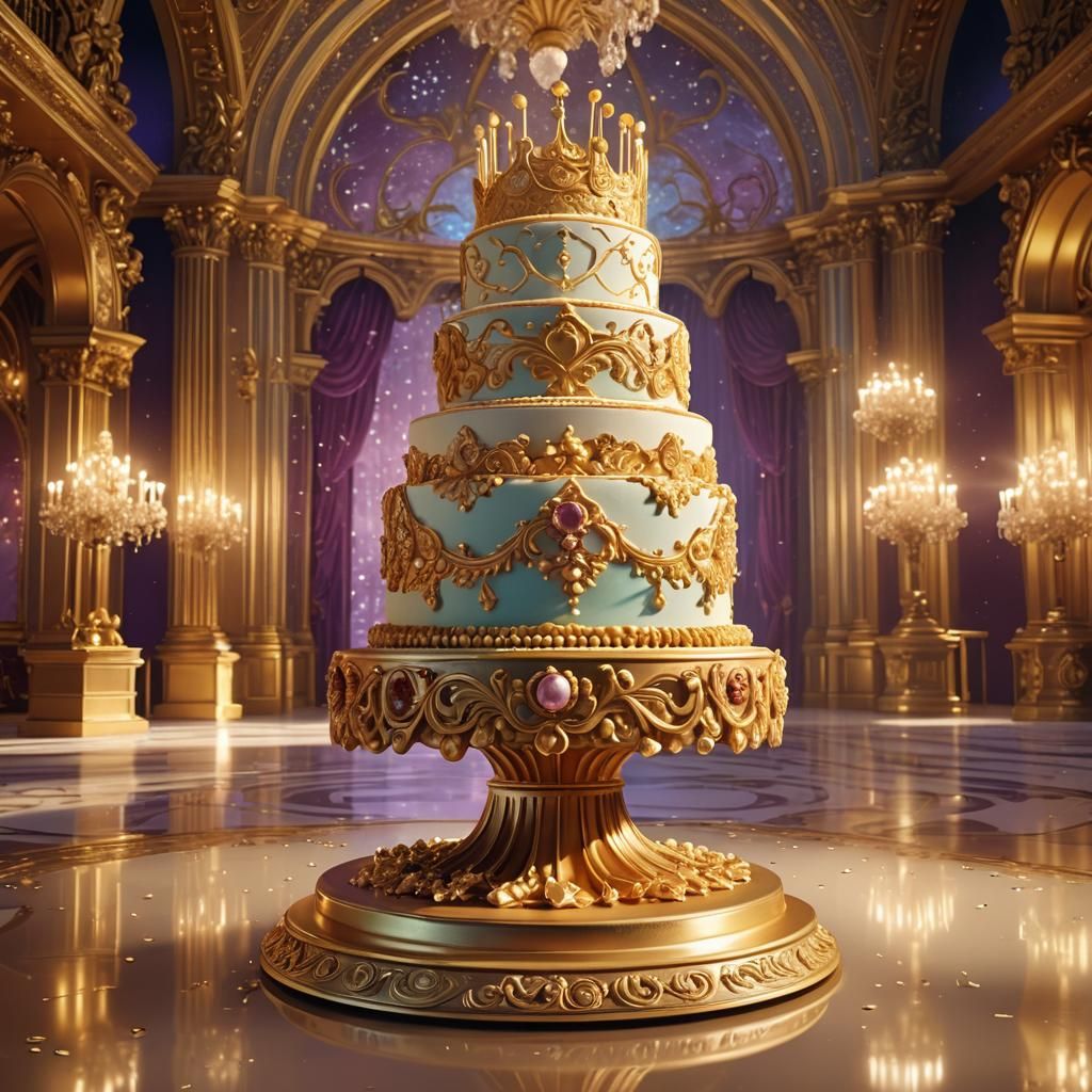 Lavish Cake in Grand Ballroom: 3D Digital Art