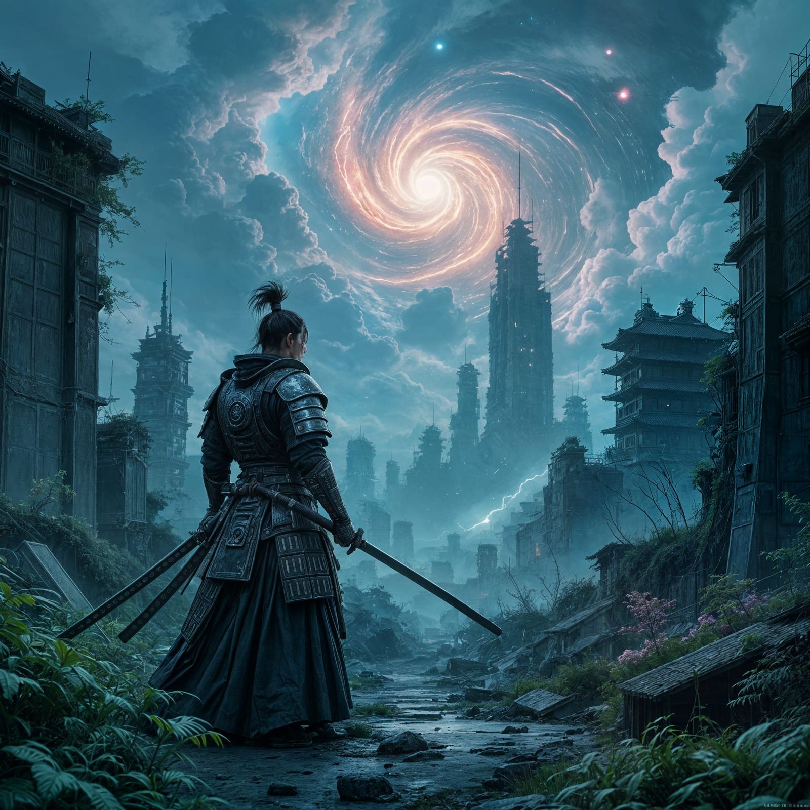 Samurai in Cyberpunk City Ruins Amidst Nebula Sky