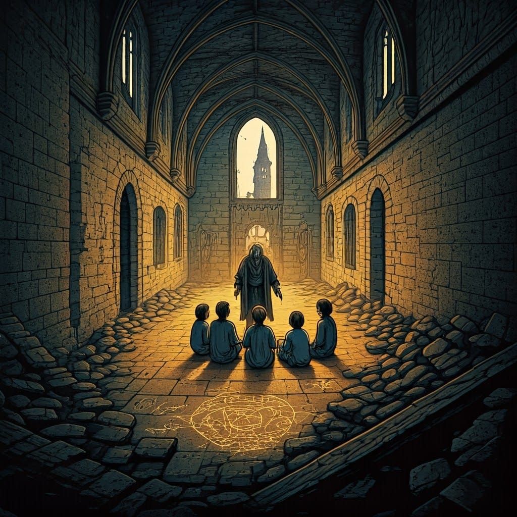 Ruined Schoolhouse in Medieval Town: Dark Fantasy Art