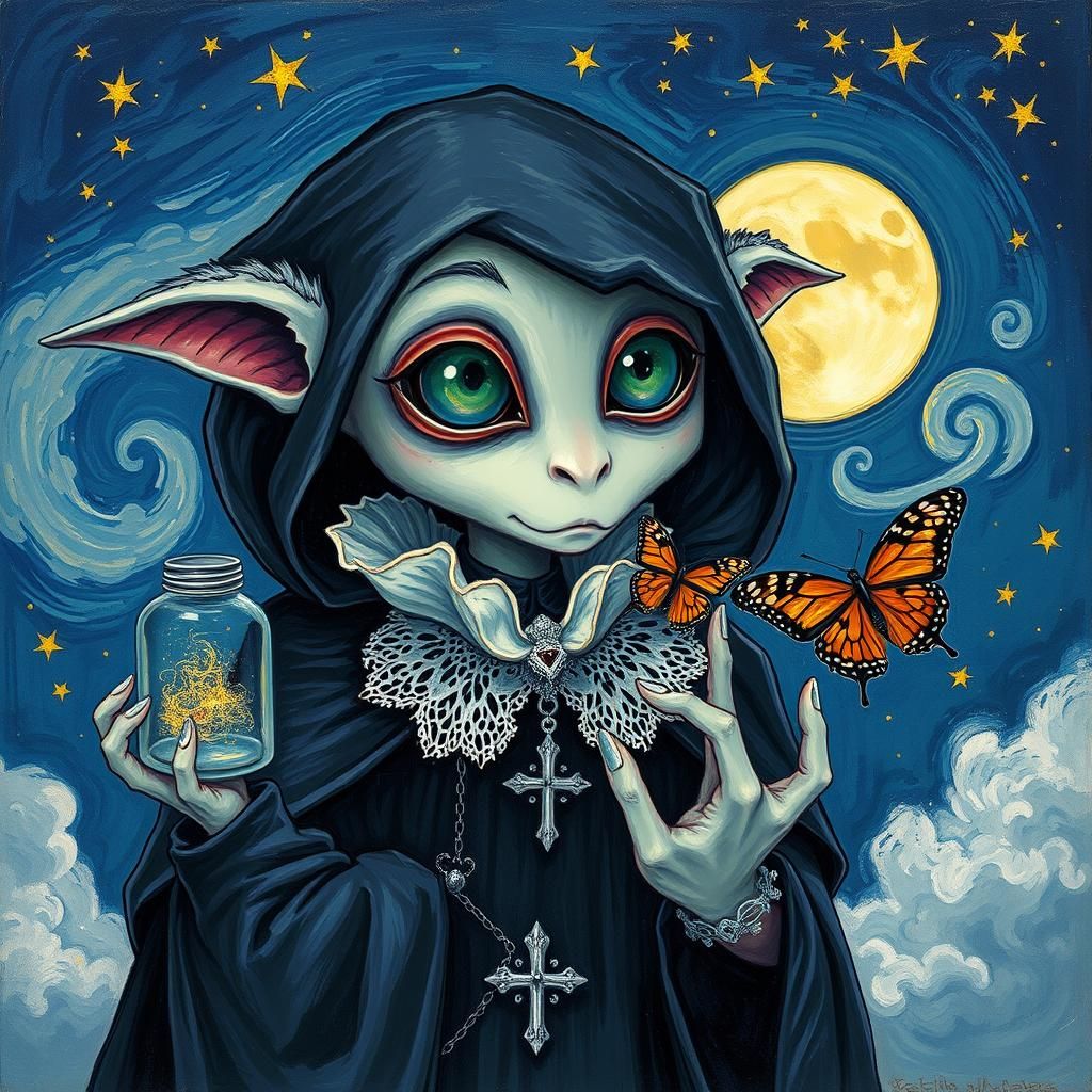 Whimsical Gothic Creature with Jars, Van Gogh Style