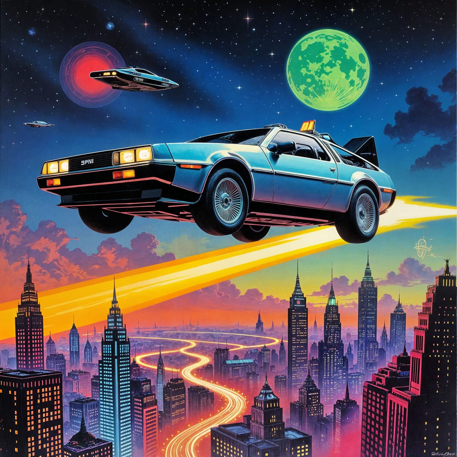 Retro Sci-Fi Car Over Neon City: Pulp Fantasy Art