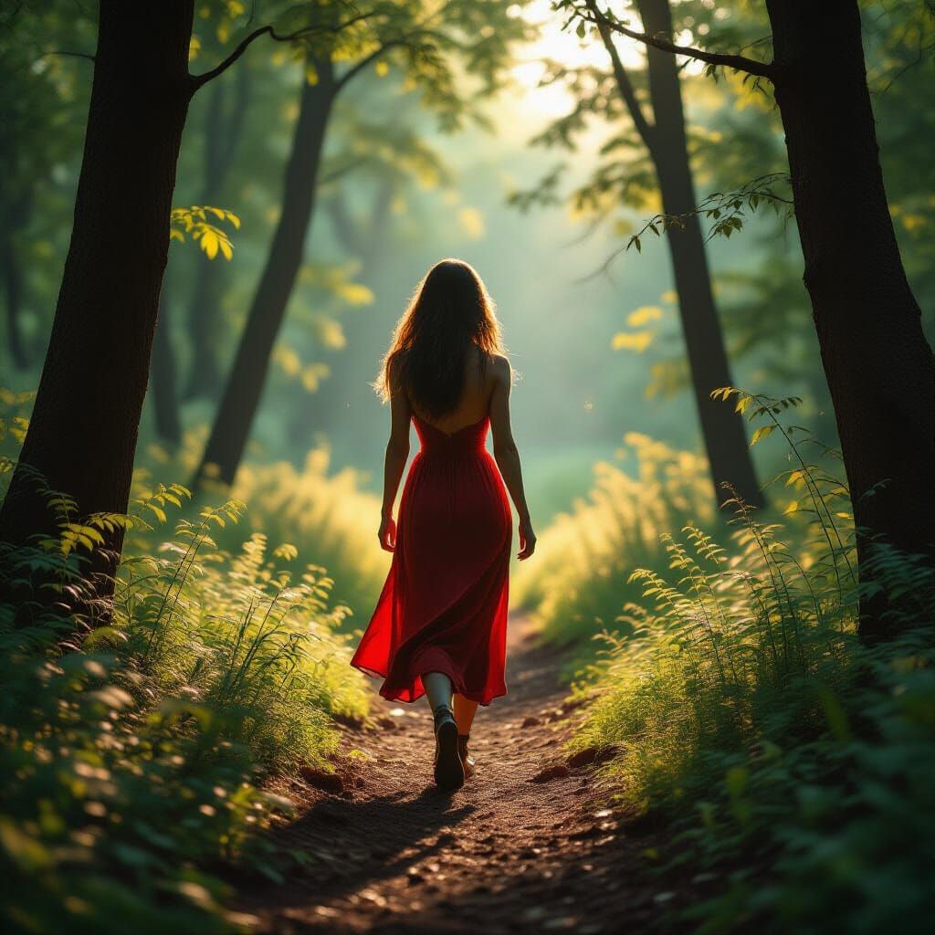 Photorealistic Figure Walking in Ethereal Forest