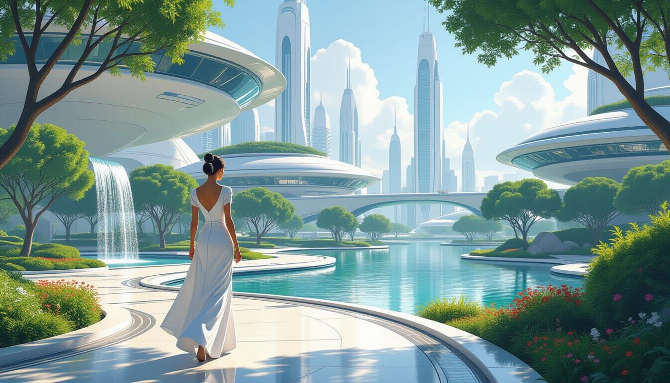 Elegant Woman in Lush Neofuturistic Cityscape