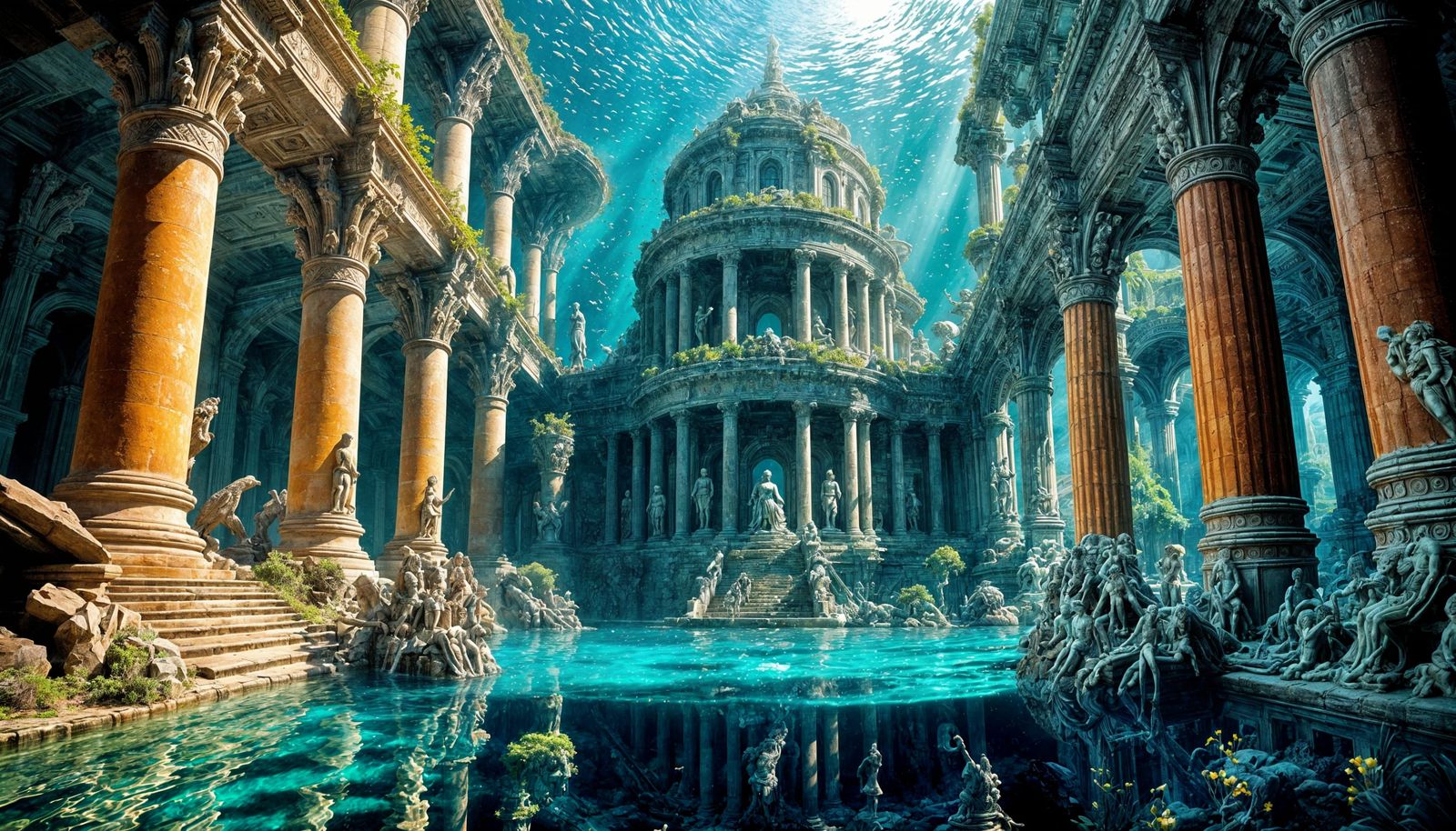 Submerged Lost City with Marine Life in Fantasy Style