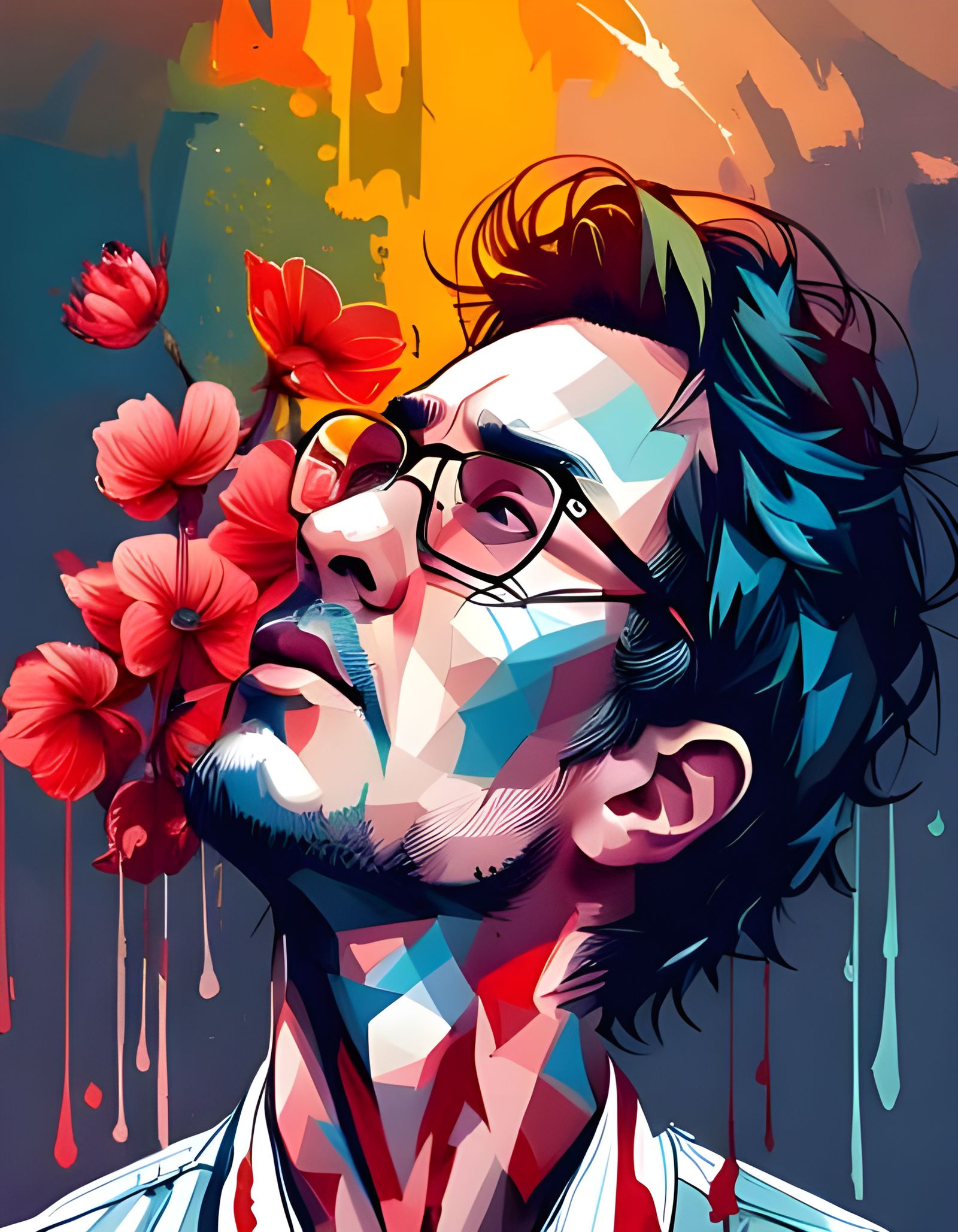 Vampire Portrait with Red Flowers, Ink and Paint