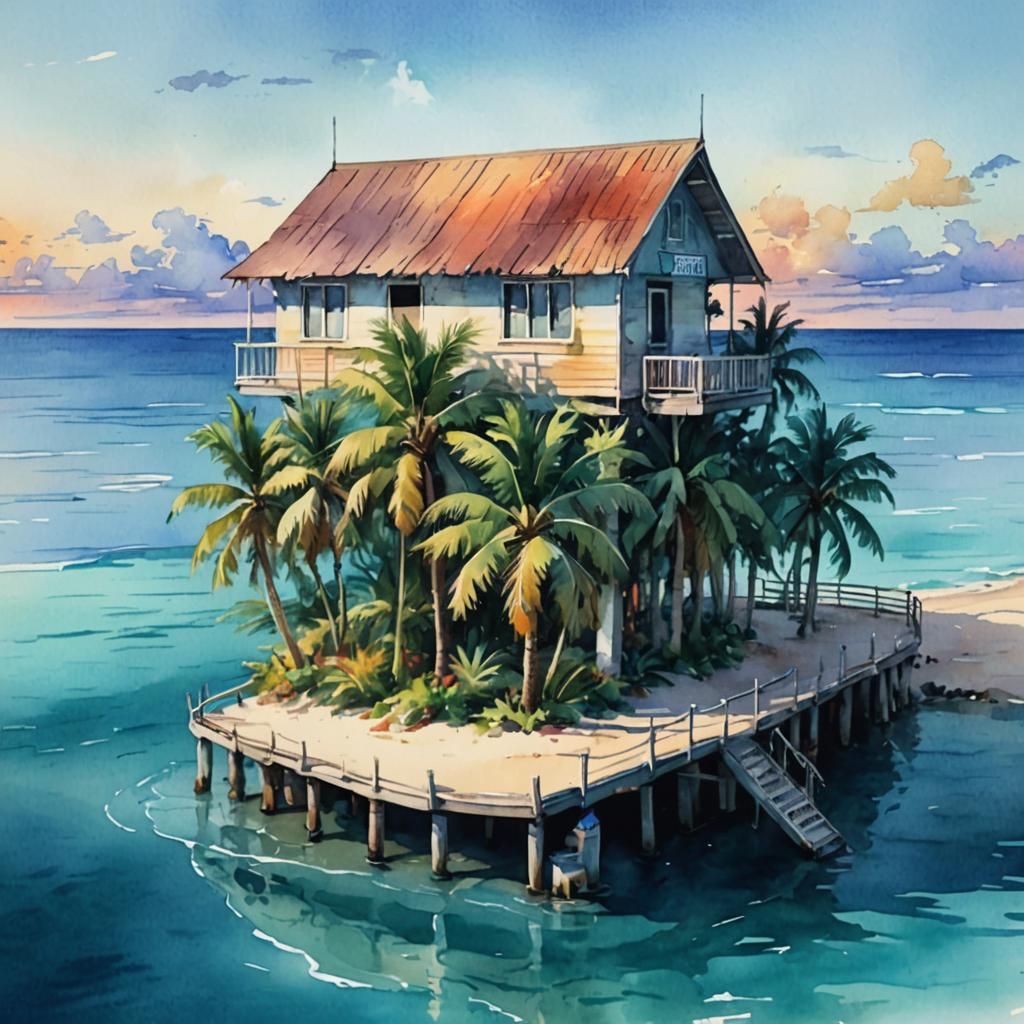 Idyllic Tropical Beach Paradise in Watercolor Style